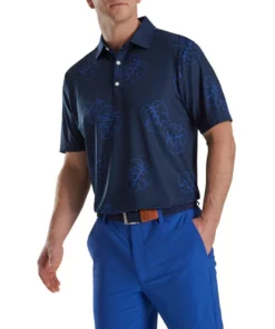 Footjoy Polo Lisle Print Self Collar Jungle Leaf -Golf Sales Store footjoy jungle leaf print lisle self collar polo navy tonal 01 19966.1673902085