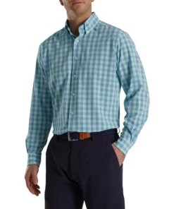 Footjoy Gingham Shirt Stretch Woven -Golf Sales Store footjoy stretch woven gingham shirt denim azure 01 44298.1671651134