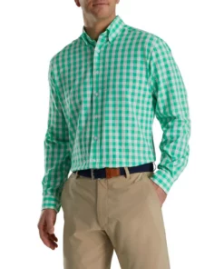 Footjoy Gingham Shirt Stretch Woven -Golf Sales Store footjoy stretch woven gingham shirt light sea green white 01 99785.1671652971